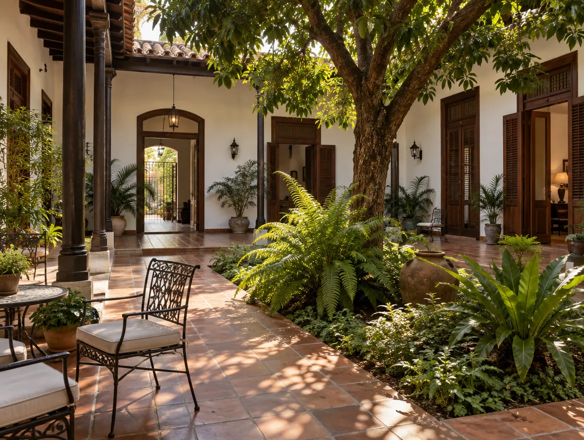 Patio de estilo colonial con galería, un árbol y plantas