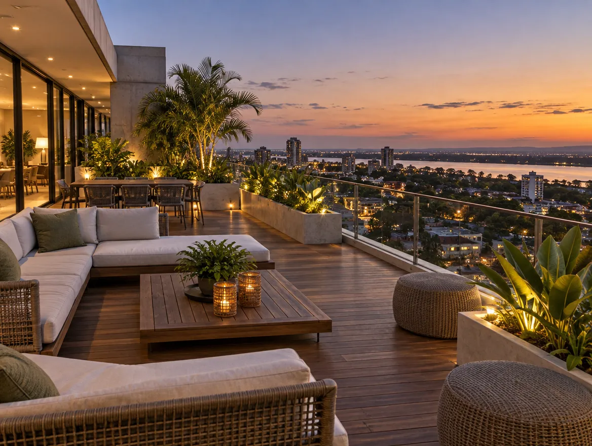 Terraza con plantas, sillones y vista a la ciudad al atardecer